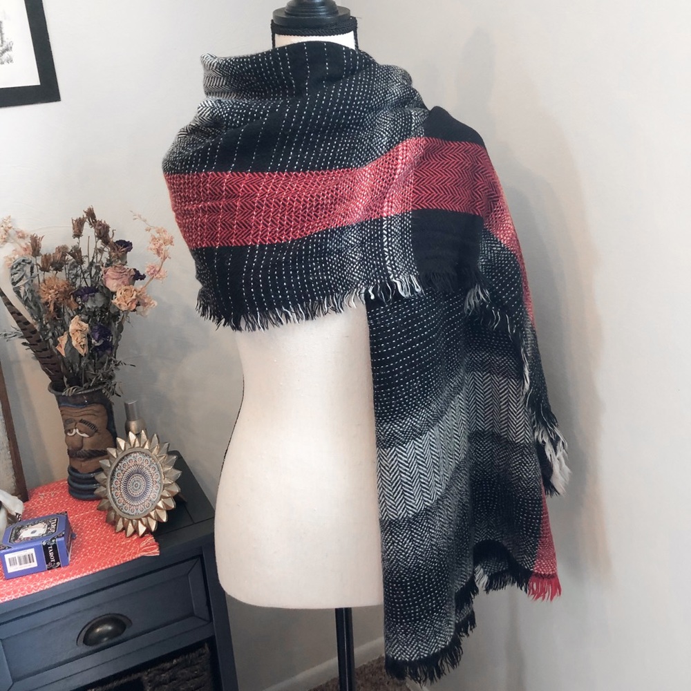 Warm Black White & Red Patterned Scarf